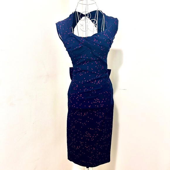 Stop Staring Alicia Estrada Navy with red dots Ruched Cocktail wiggle Dress - Picture 1 of 11